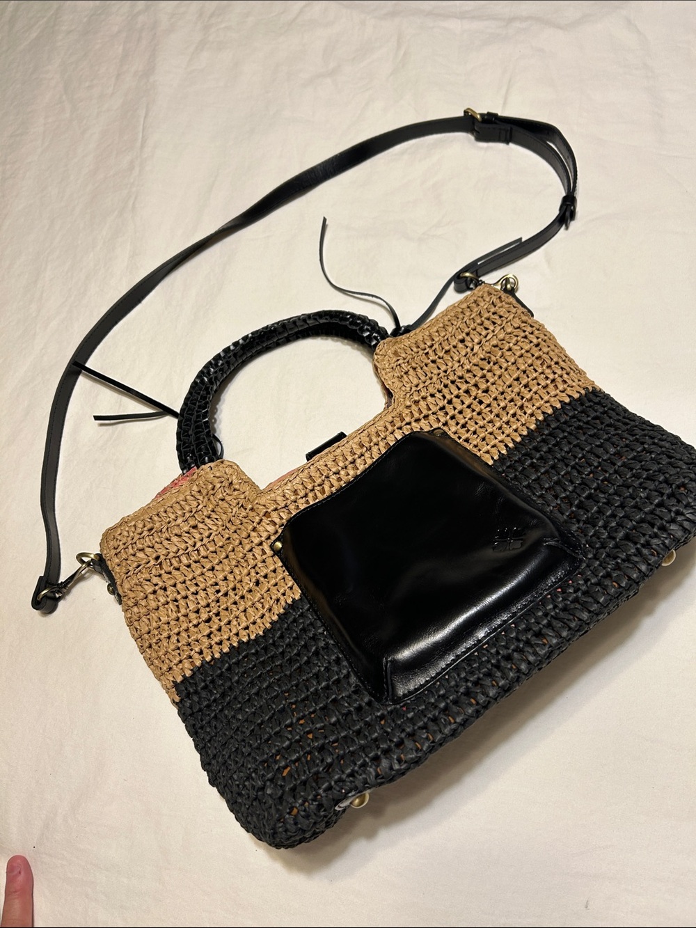 Patricia Nash Tan and Black Woven Shoulder Bag with Front Leather Pocket
